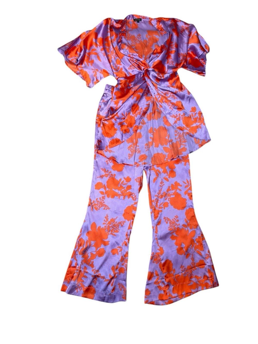 Antheaa Two Piece Pajamas Flared Pants Long Tunic Purple Orange Floral Sz M